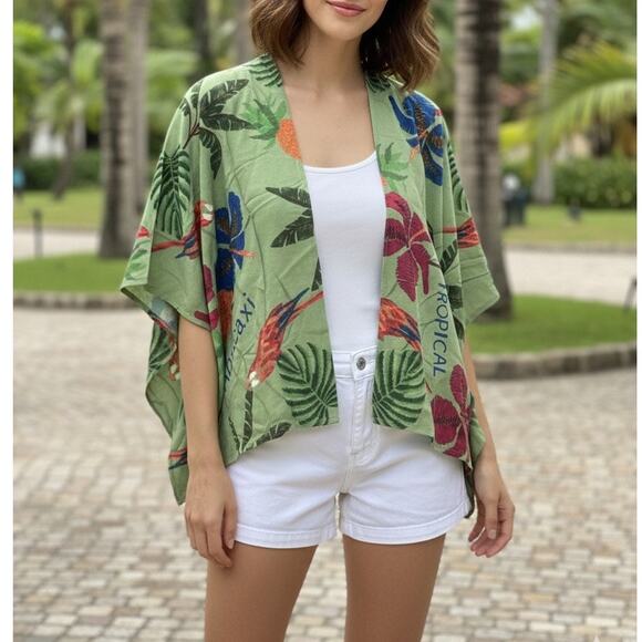 Boho Tropical Abacaxi Summer Resortwear Green Kimono Chic Style OS - Picture 1 of 13